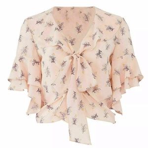 Cinq a Sept Women's Blouse Pink Size M Floral Tied Ruffled Silk $325- #217